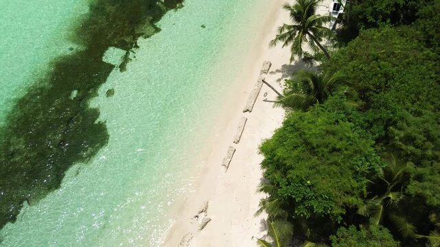 Aerial top-down view of tropical beach with clear water and rope swing