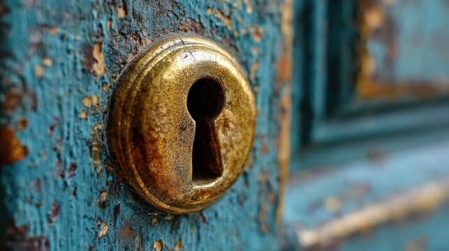 Close-up of a corroded gold keyhole on a turkish blue door