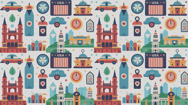 A vibrant and colorful flat design pattern featuring iconic landmarks, transportation, and abstract elements.
