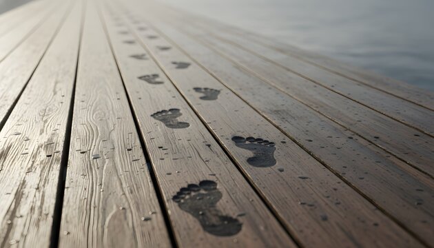 Wet footprints on a wooden dock leading towards the calm lake water, representing journey, personal development, and new beginnings concept with soft morning light
