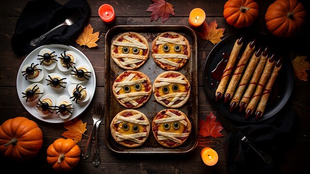 Halloween food spread with mummy mini pizzas, spider deviled eggs and witch finger cookies on rustic wooden table with pumpkins. Festive snacks for scary holiday party dinner.
