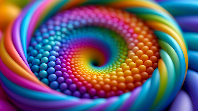 Eine detailreiche Nahaufnahme einer bunten Spirale aus kleinen Kugeln in Regenbogenfarben.