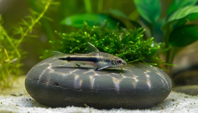 Siamese algae eater fish resting on a smooth dark stone in a planted freshwater aquarium tank, showcasing a healthy natural ecosystem concept with lush green plants