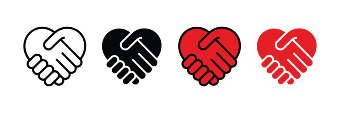 Support and Care icon set featuring Helping Hands, Heart symbols and Handshake illustrations for Charity, Partnership and Volunteer projects.