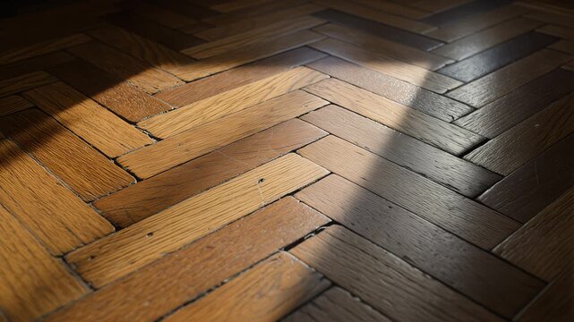 Sunlight moving across vintage parquet floor in an apartment 30s. 4K Video