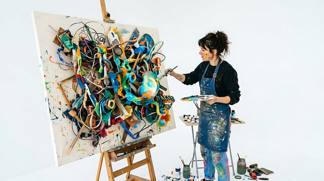 Artist creates abstract painting with vibrant colors in studio