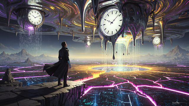 A surreal metaverse landscape where the sky melts like molten chrome, a giant floating clock dissolves into binary code, and glowing neon cracks split the ground, revealing a digital void.
