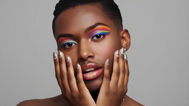Stunning portrait of a person with vibrant rainbow pride flag makeup and glittering nails