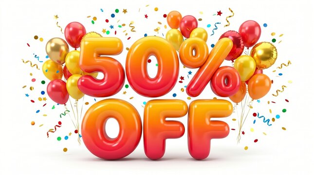 Big 50% Off Sale with Festive Balloons and Confetti - Limited Time Offer!