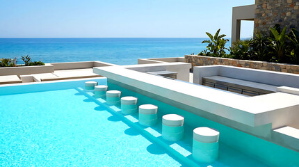 Fototapeta premium Luxury swimming pool with swim up bar overlooking the sea