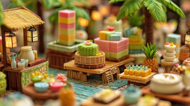 Create a premium macro diorama photograph in a balanced 2x2 layout inspired by Thai snack culture. Panel 1 Thai tea ice cream shop, Panel 2 grilled sticky rice vendor, Panel 3 colorful jelly dessert s