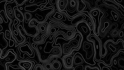 Abstract Vector Topographic Map Texture with White Contour Lines on Black Background.  © Creative