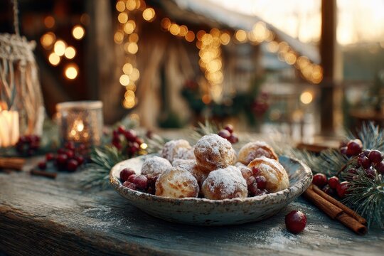 Ebelskiver pancake puffs on a rustic Christmas table with pine, berries and warm candlelight