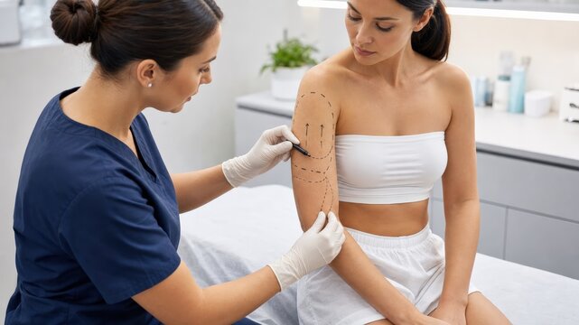 Female plastic surgeon marking focused patient arm in modern clinic clinic highlights surgical preparation for liposuction treatment with professional care