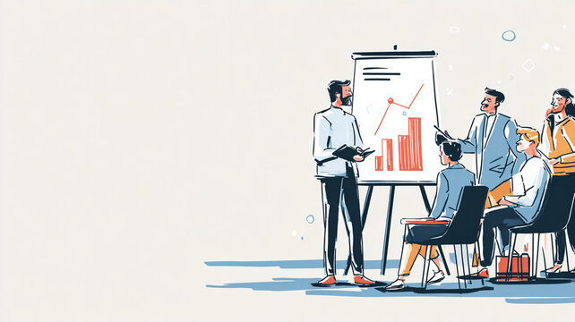 Business strategist leads growth meeting with diverse team, discussing charts and graphs on flip chart. illustration captures collaborative and dynamic work environment