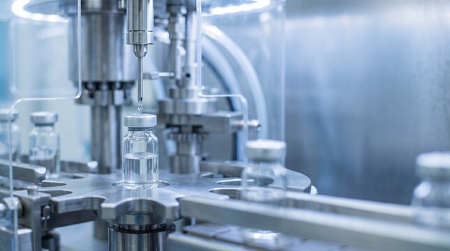 Automated filling machine precisely doses liquid into glass vials on a conveyor