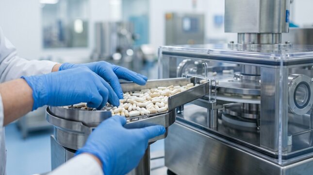 Hands wearing blue gloves carefully sort white capsules into pharmaceutical production machinery