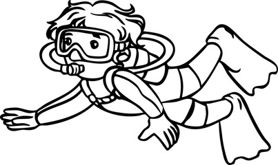 Obraz premium Scuba Diver Character Diving Snorkel Ocean Sea Equipment Gear Aquatic Sport Adventure Recreation Activity Coloring Drawing Line Art