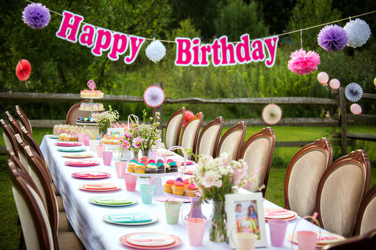 Beautiful outdoor birthday party setup with colorful decorations desserts and festive table arrangement
