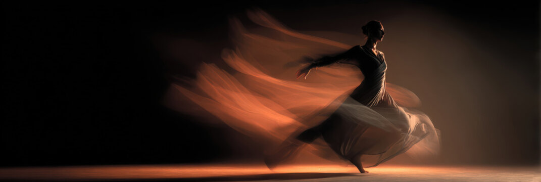 Dramatic longexposure dance photography captures a woman midmovement, trailing luminous amber motion blur. Ideal for arts, performance, freedom, and creative campaign visuals.
