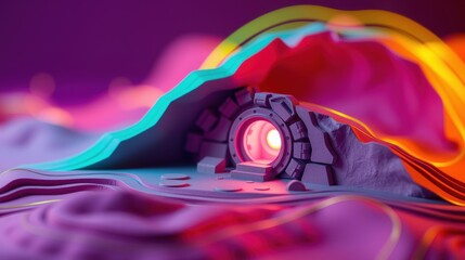Fototapeta premium Abstract landscape features glowing portal. Smooth shapes, vibrant colors create surreal scene. Minimalist design, digital art style.
