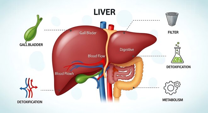 Human Liver Anatomy and Function Diagram.