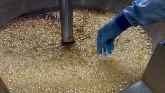Digital thermometer being used to measure food temperature during production. Quality assurance and food safety monitoring process in a food manufacturing environment.
