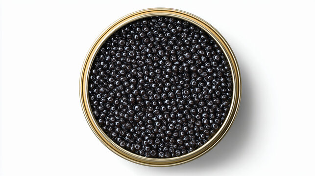 Top view of a round tin filled with fresh black caviar isolated on white background