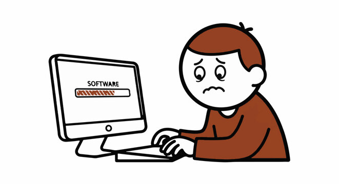 Frustrated person watching slow software download on computer.