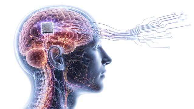 Brain Computer Interface Technology with Neural Implant and Human Brain Connectivity, Premium Medical Illustration.