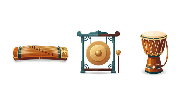 A modern flat vector icon set of stylized traditional musical instruments including a minimalist Koto zither, a sleek Balinese gamelan gong, and a modernised African djembe drum on a clean