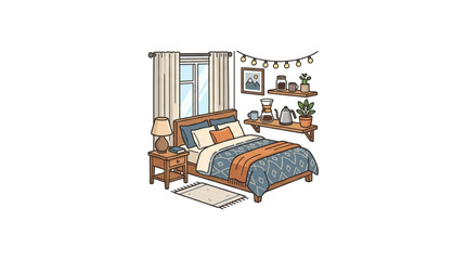 Cozy bedroom interior with a comfortable bed and decorative elements. © Brodin