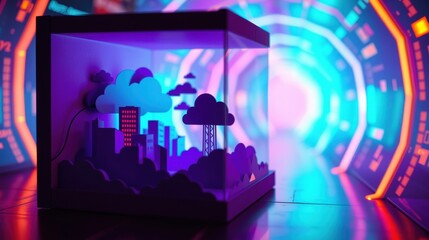 Fototapeta premium Paper cityscape inside cube. Neon lights create futuristic tunnel effect. Dark background emphasizes glowing display.