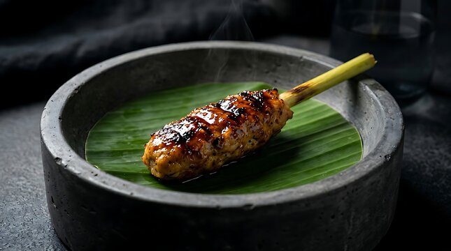 Premium Balinese Seafood Sate Lilit in Charcoal Concrete Bowl, Moody Fine Dining Gourmet Indonesian Satay Commercial Food Photography with Dramatic Spot Light