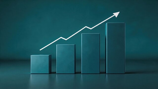Abstract 3D blue bar chart with white upward arrow indicating positive trend, minimalist business background representing economic growth and financial market success.