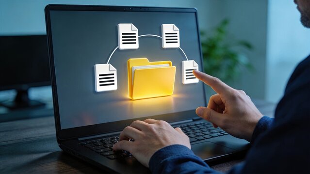 User managing cloud storage files on laptop, glowing folder icon with connected documents, digital data organization and file sharing network concept.