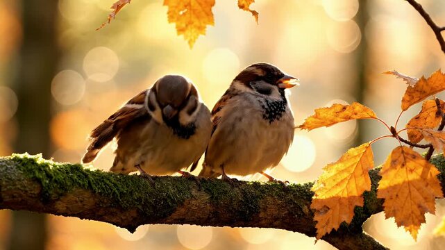 Two sparrows perched on a mossy branch amidst autumn leaves, warm sunlight