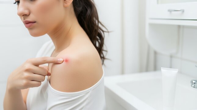 Woman scratching mosquito bite on shoulder needing relief