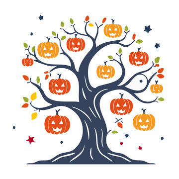 Flat design Halloween tree with pumpkins and autumn leaves