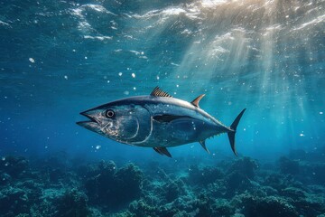 Fototapeta premium Dynamic underwater portrait of a powerful bluefin tuna