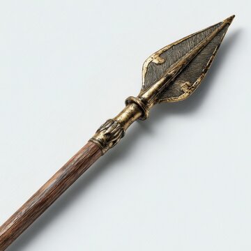 Classical spear prop on white backdrop: leaf-shaped bronze tip and carved wooden shaft in a 3D illustration