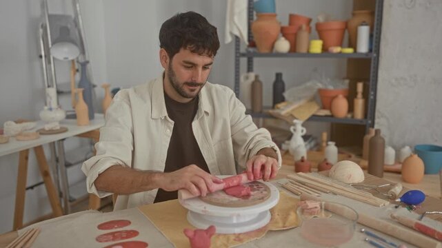 Man shaping clay with bare hands on a pottery wheel in studio, surrounded by vases and tools; concentration.