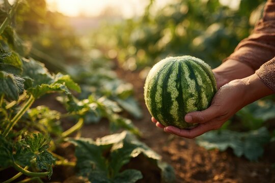 Close-up of a small watermelon held in hands during a sunlit summer harvest
