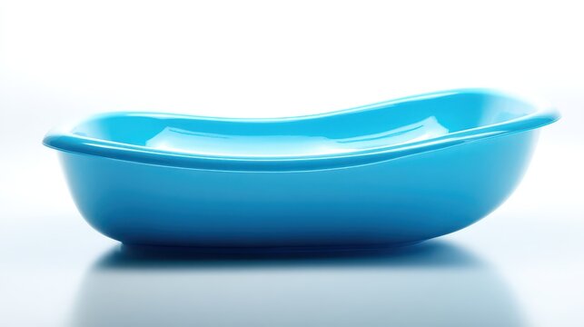 Closed blue plastic bedpan for medical use, profile shot on clean white backdrop