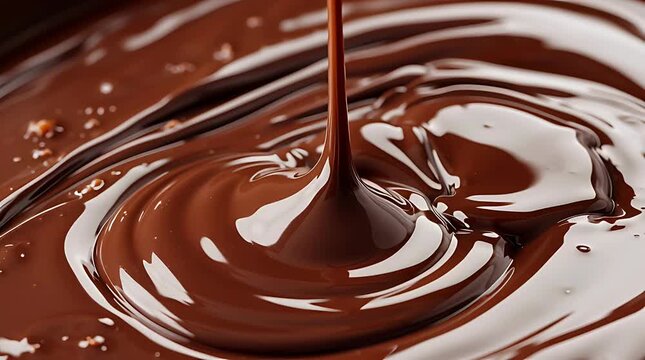 Close up of smooth melted dark chocolate pouring into a bowl.