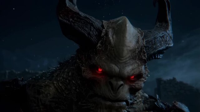 Intense demon closeup sequence with glowing red eyes in dark fantasy realm