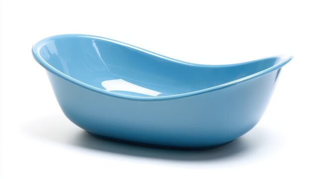 High-key product shot of a compact blue bedpan with smooth curved surface