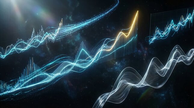 Rising stock market graph with glowing blue and yellow lines