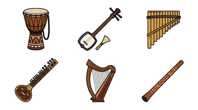 Flat vector icon set of traditional musical instruments from around the world including African djembe drum, Japanese shamisen, and Andean pan flute isolated on a solid white background.