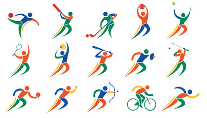 Fototapeta premium Premium hyper flat vector sports icon collection featuring 15 dynamic athlete characters in a unified abstract logo style. Smooth flowing curves, circular head, athletic motion silhouettes, 